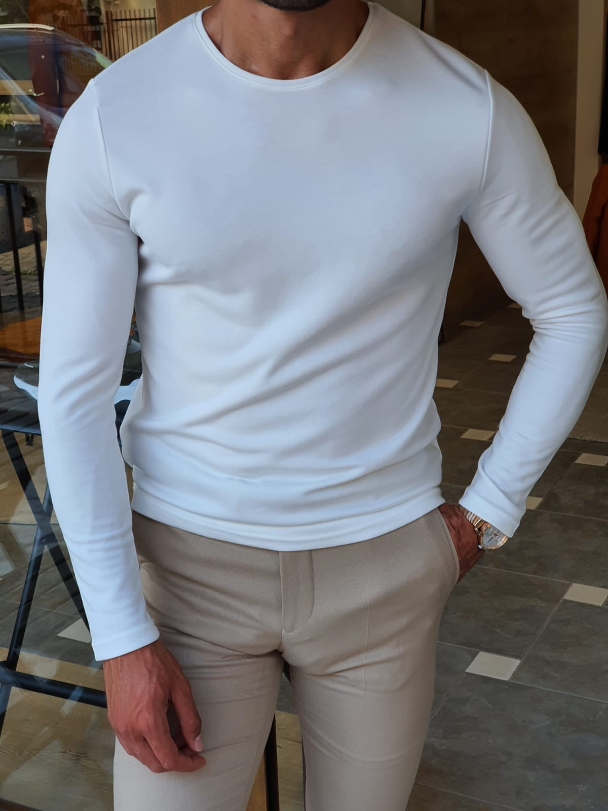 Stefano White Slim Fit Round Neck Sweater