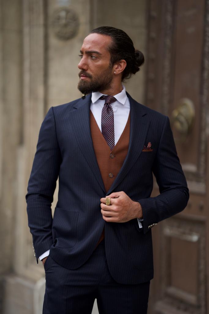 Dark grey suit with dark orange waistcoat | Navy check suit, Wedding suits  men, Fashion suits for men