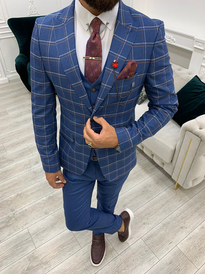 Olympia Blue Slim Fit Peak Lapel Plaid Suit