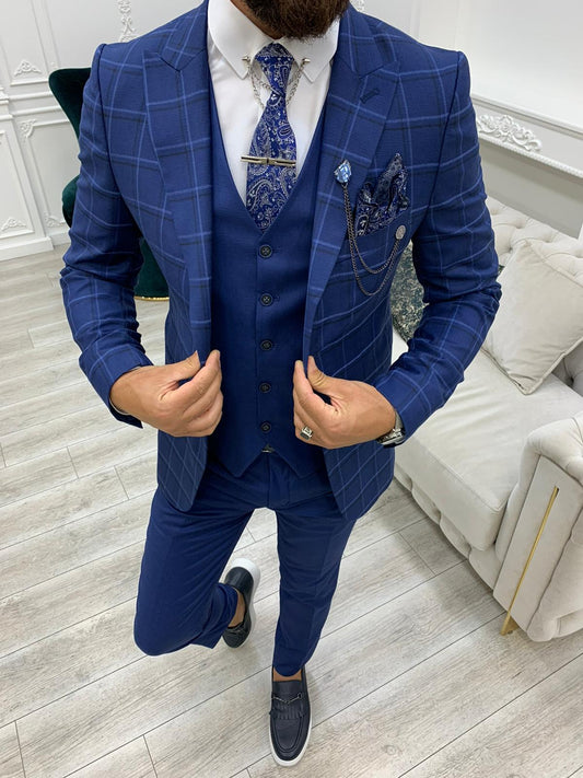 Olympia Indigo Slim Fit Peak Lapel Plaid Suit