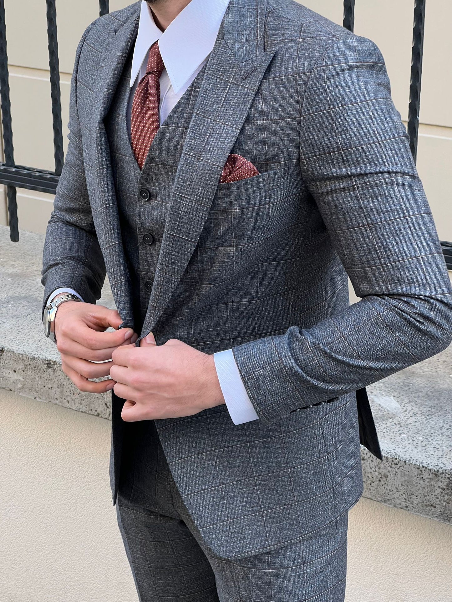 Edmond Smoked Slim Fit Peak Lapel Plaid Wool Suit