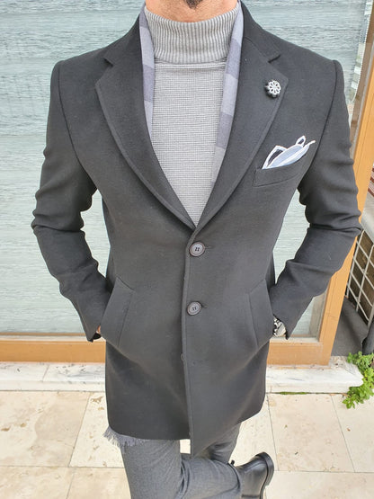 Viena Black Slim Fit Single Breasted Wool Long Coat