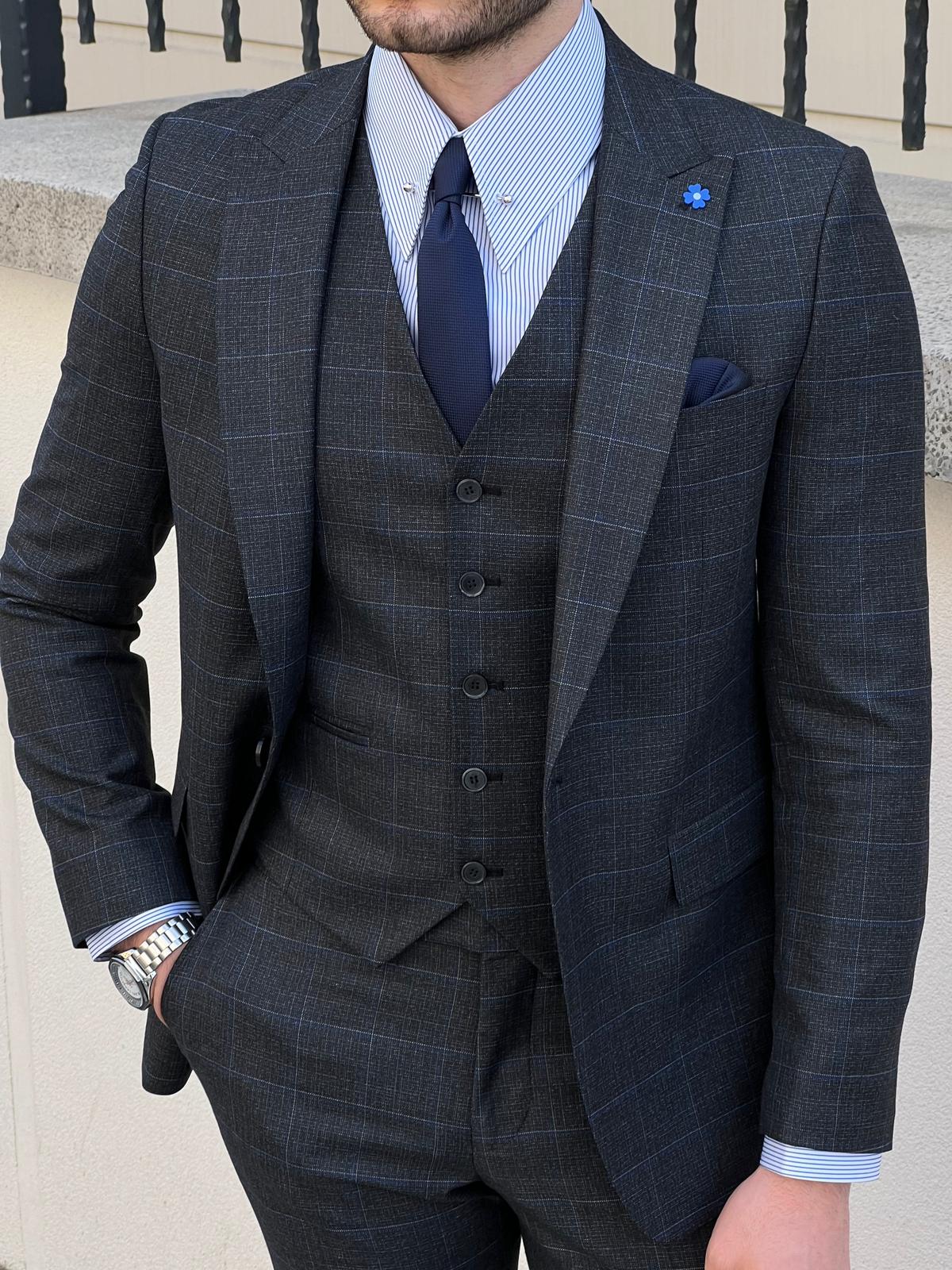 Edmond Black Slim Fit Peak Lapel Plaid Wool Suit