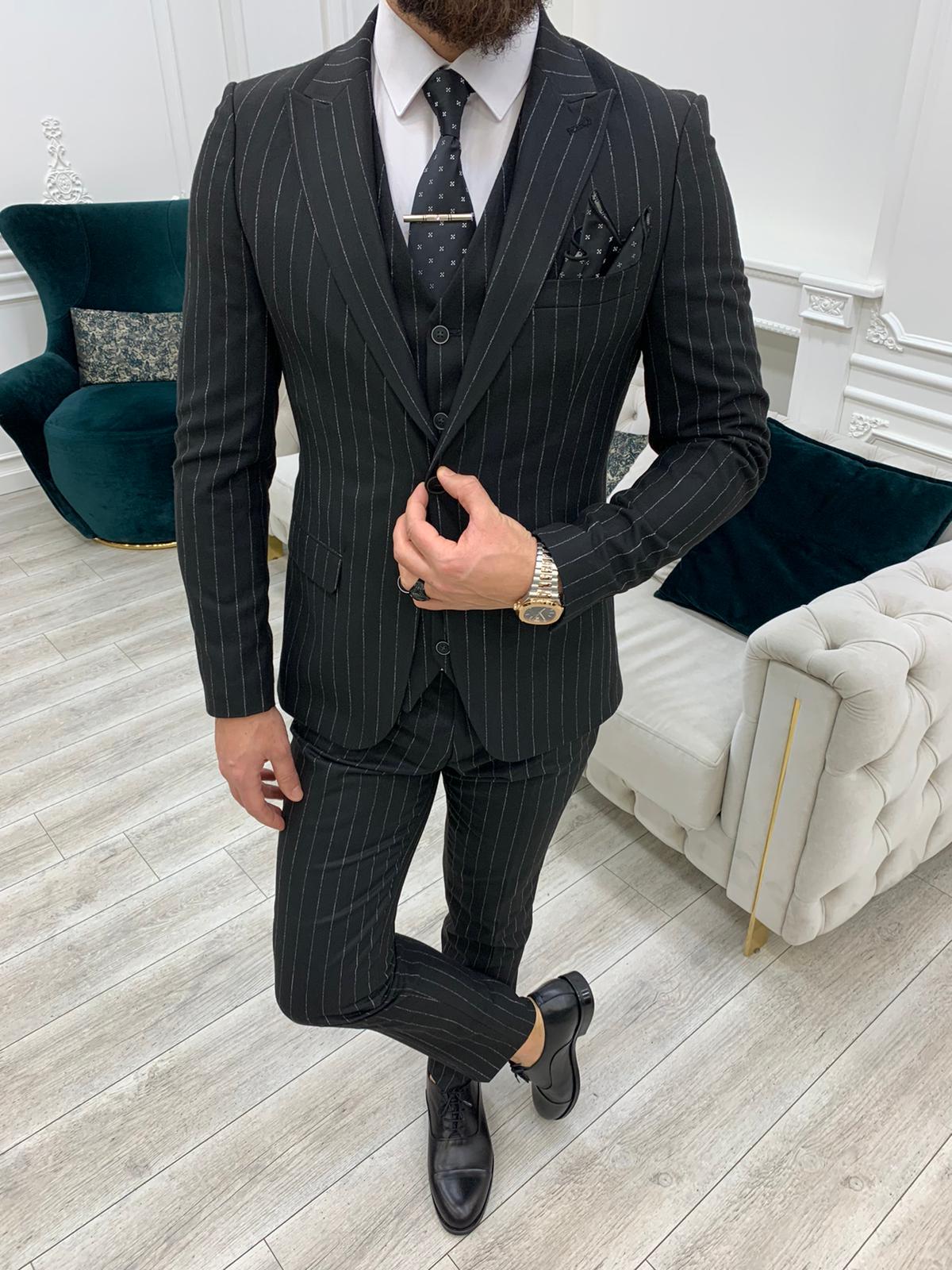 Lagos Black Slim Fit Peak Lapel Pinstripe Suit