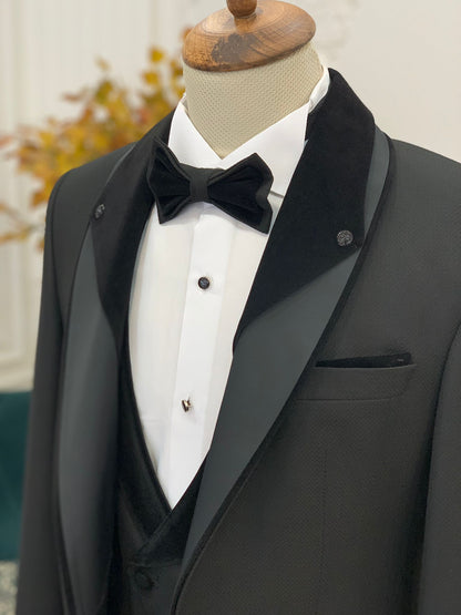 Caesar Black Slim Fit Velvet Shawl Lapel Tuxedo