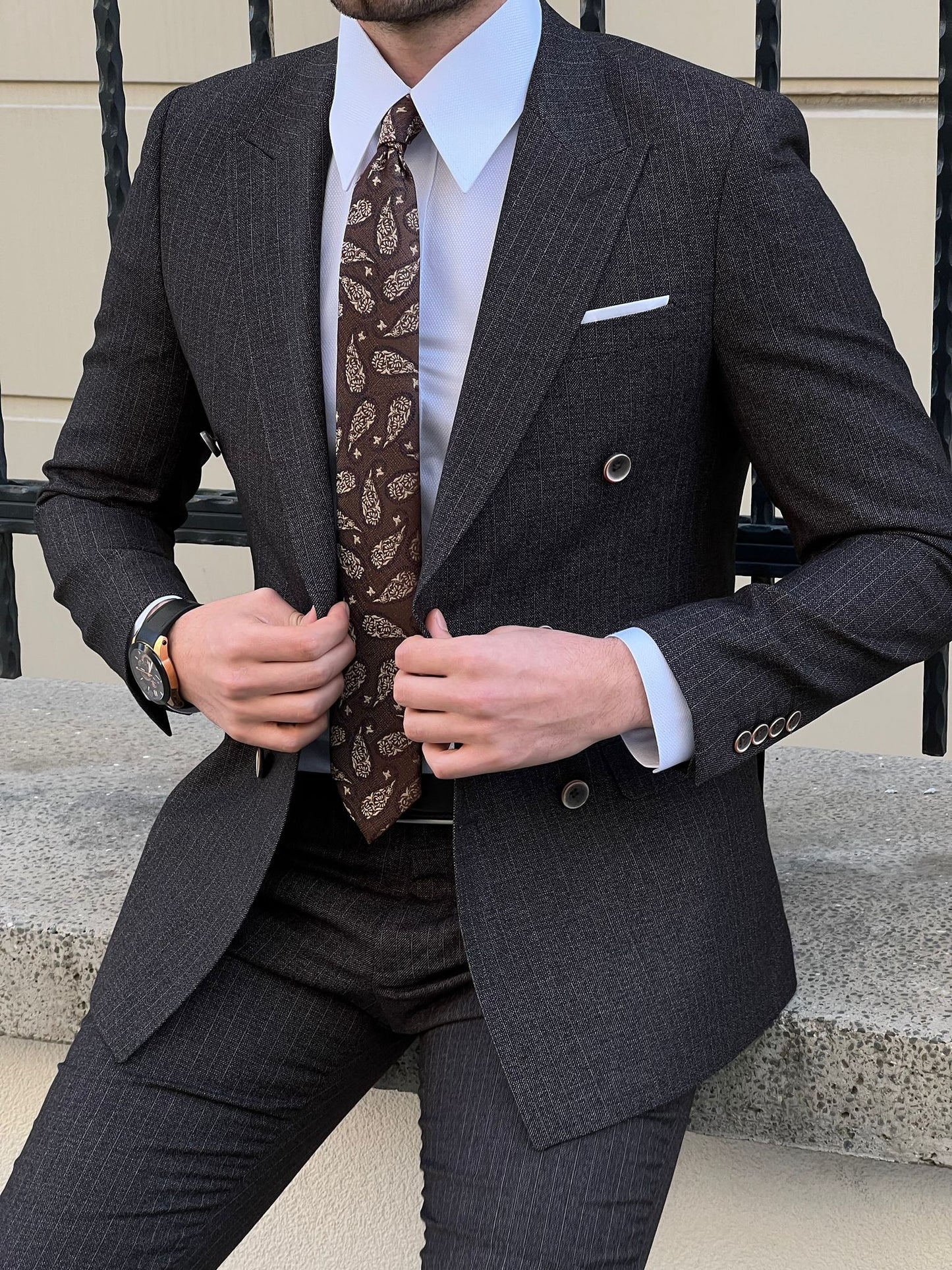Edmond Black Double Breasted Pinstripe Wool Suit