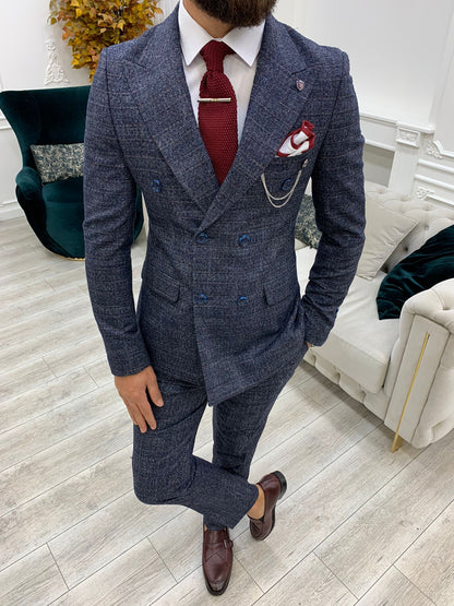 Vince Navy Blue Slim Fit Double Breasted Suit