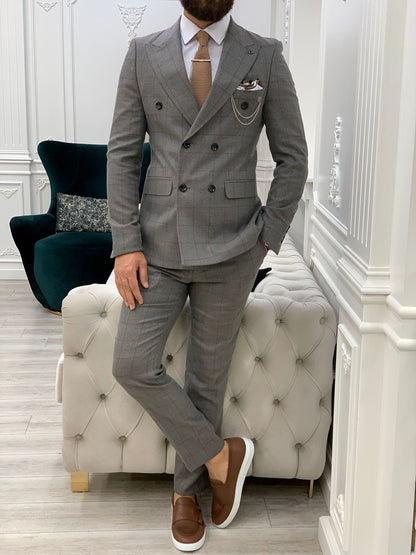 Rosario Light Gray Slim Fit Double Breasted Plaid Suit