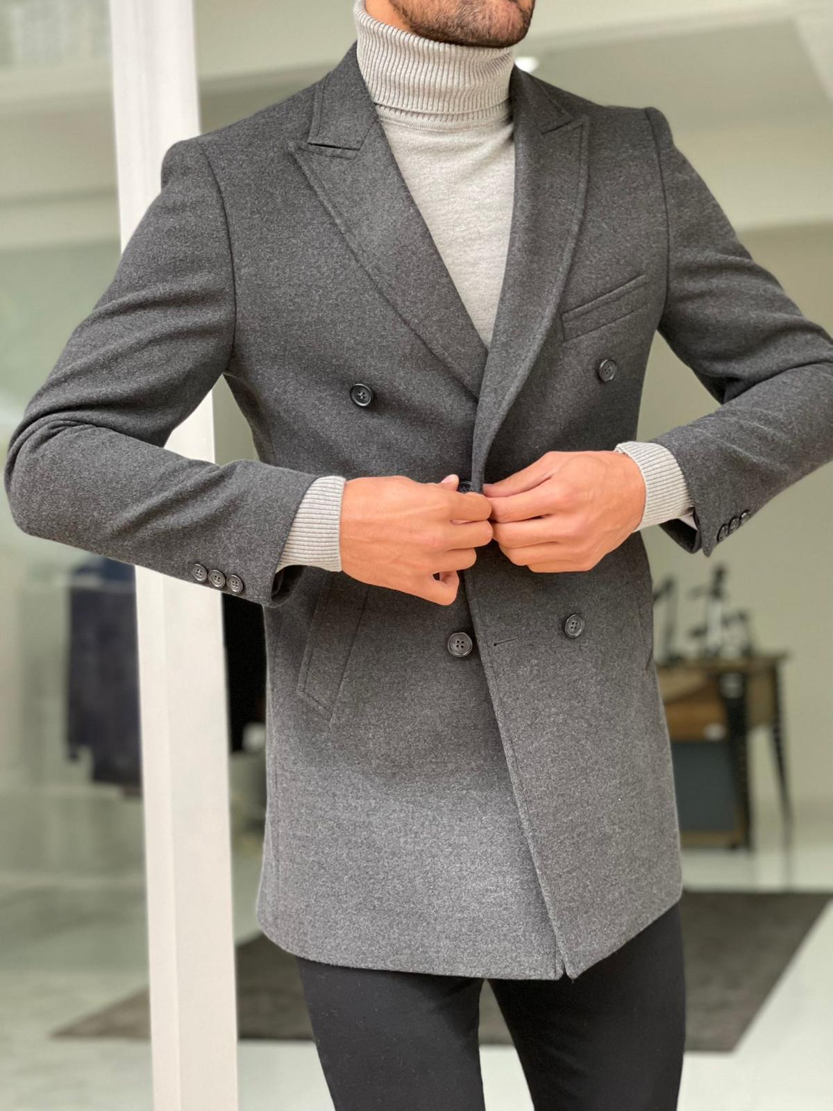 Viena Dark Gray Slim Fit Double Breasted Wool Long Coat