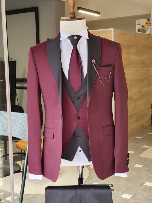 Montreal Claret Red Slim Fit Peak Lapel Wedding Tuxedo