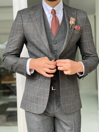 Bosco Gray Slim Fit Peak Lapel Plaid Wool Suit