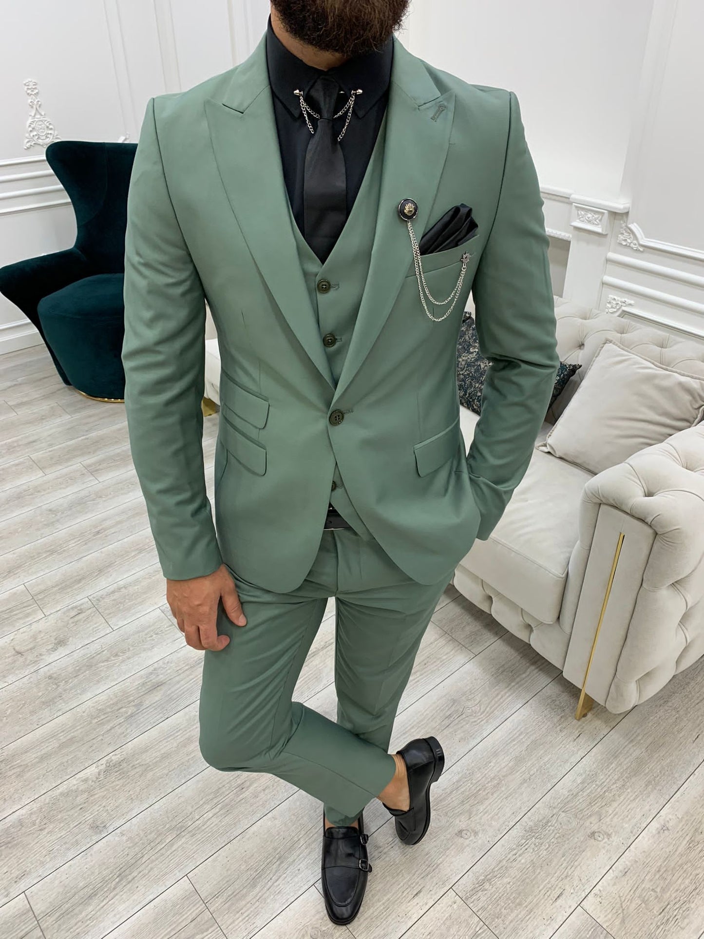 Wilson Light Green Slim Fit Peak Lapel Suit