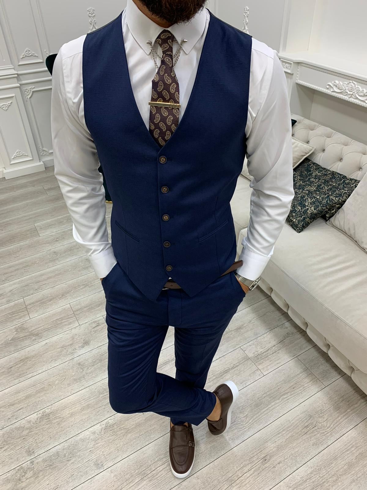 Olympia Navy Blue Slim Fit Peak Lapel Plaid Suit