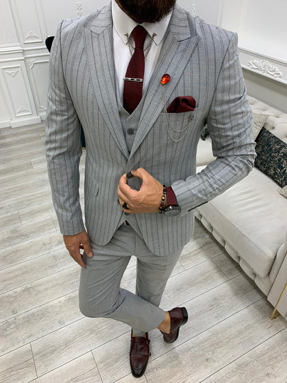 Lambrusco Dark Gray Slim Fit Peak Lapel Striped Suit
