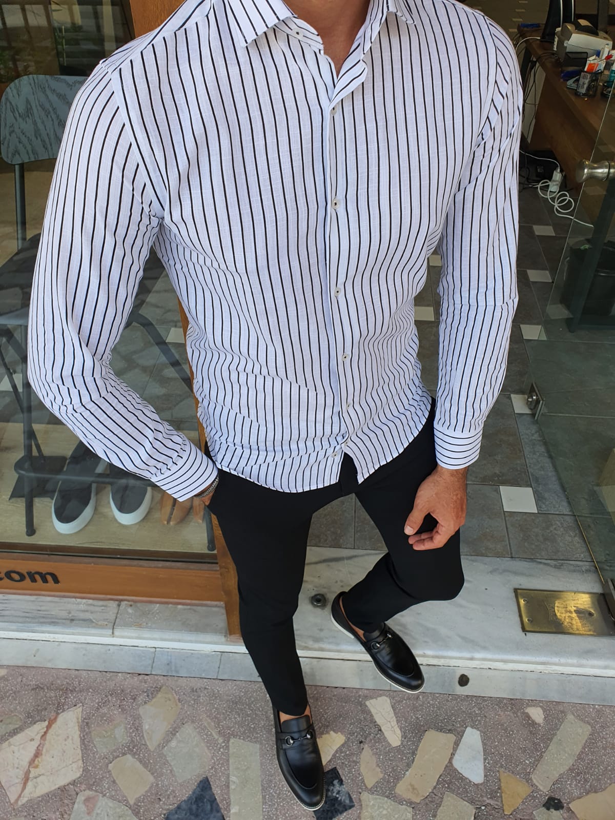 Berton Black Slim Fit Long Sleeve Striped Cotton Shirt
