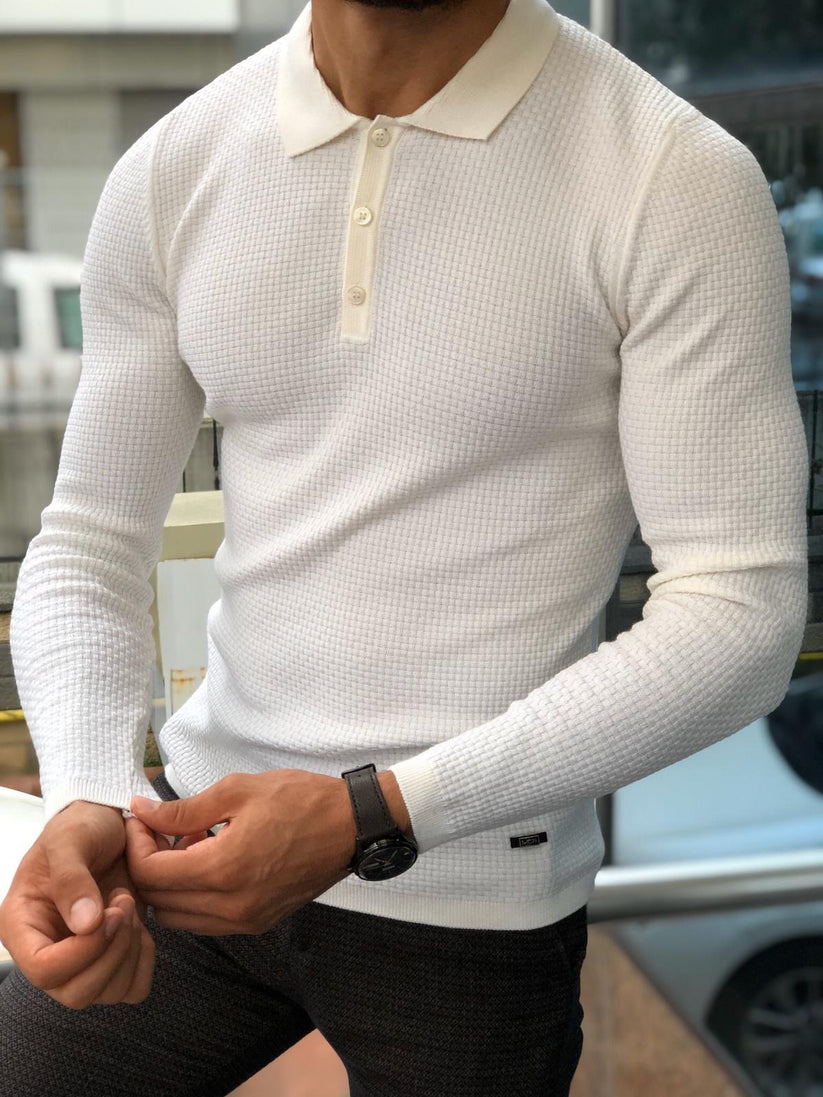 Fabros White Slim Fit Patterned Sweater – BRABION