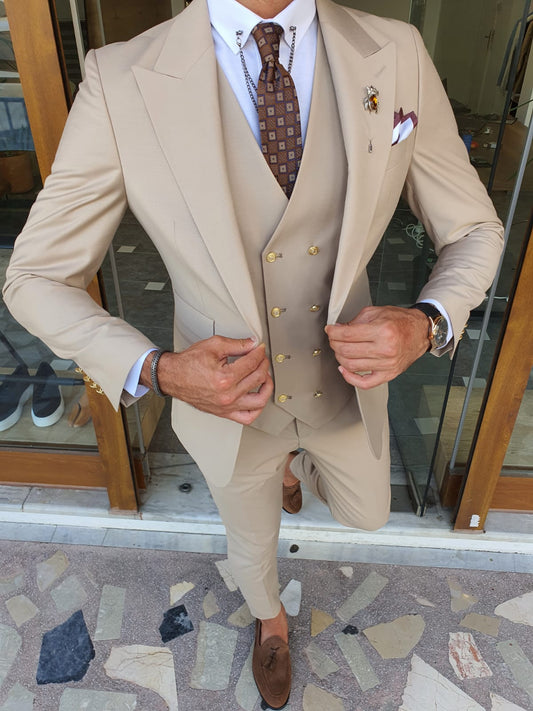 Boston Beige Slim Fit Peak Lapel Wool Suit