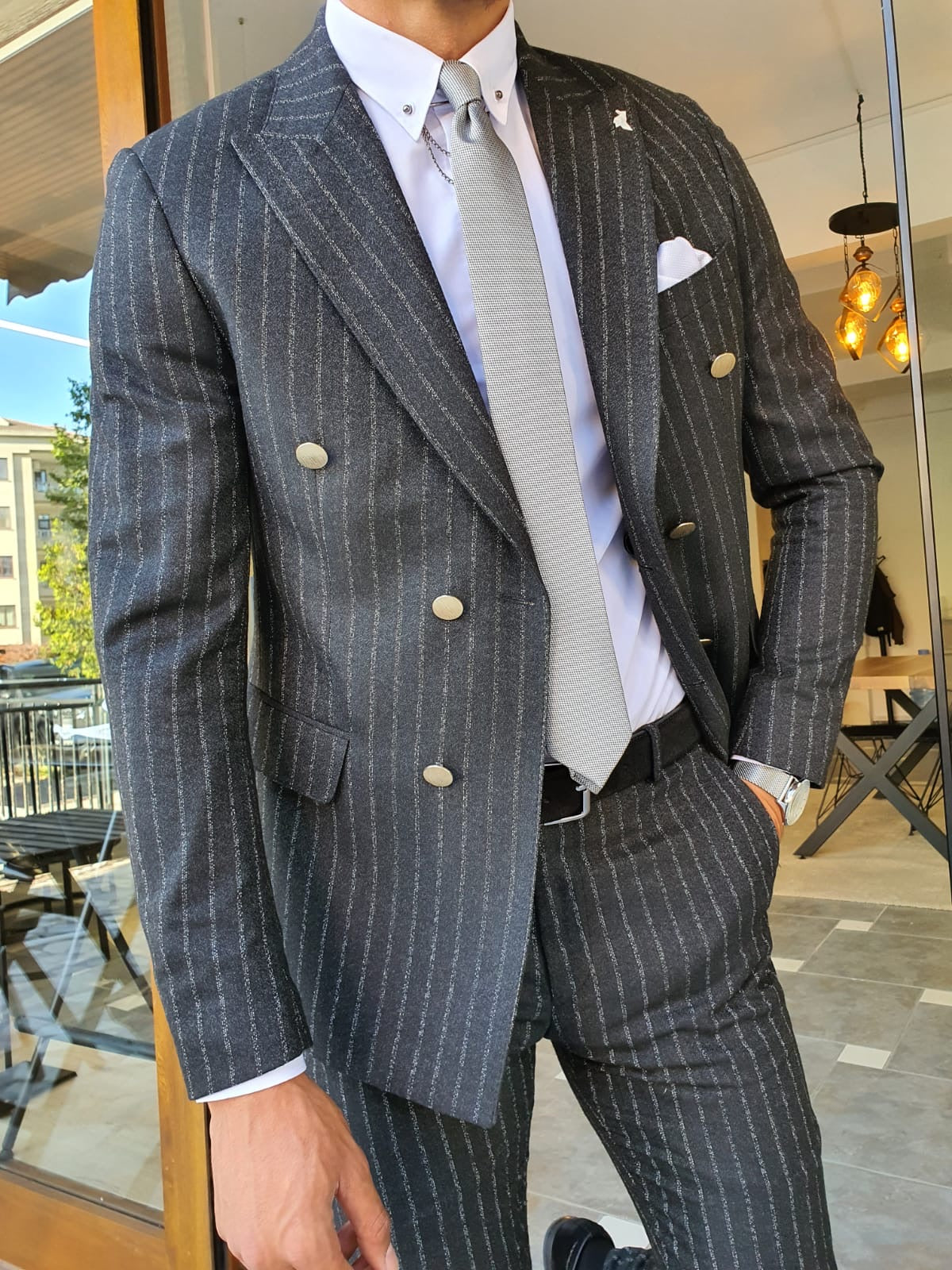 Edmond Black Slim Fit Pinstripe Double Breasted Suit – BRABION