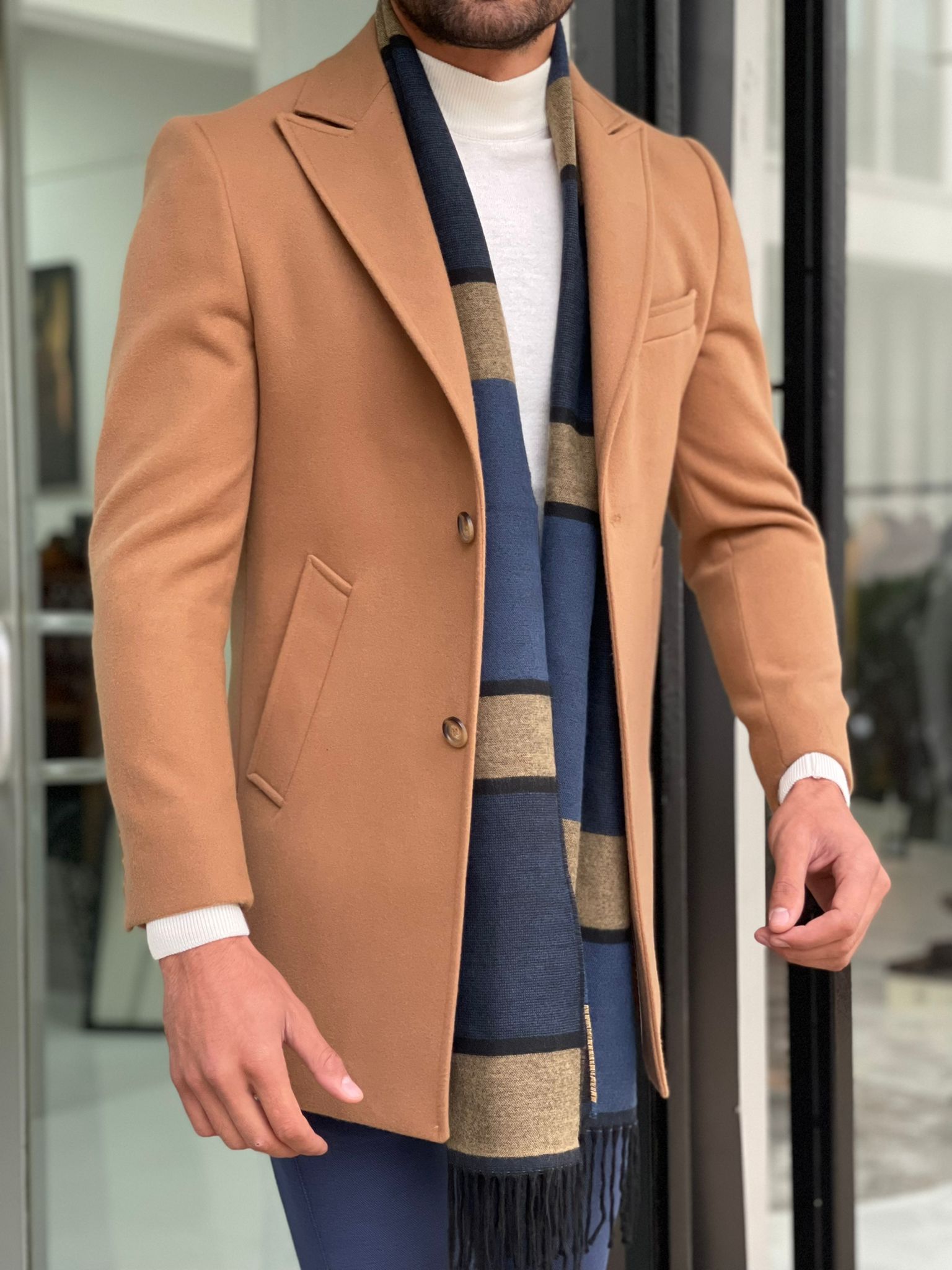 Viena Camel Slim Fit Single Breasted Wool Long Coat – BRABION