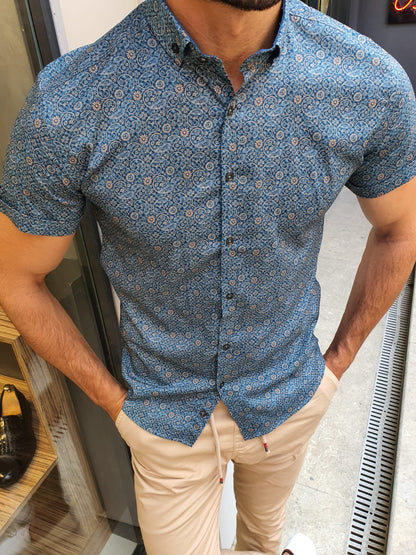 Khaki Slim Fit Short Sleeve Floral Shirt