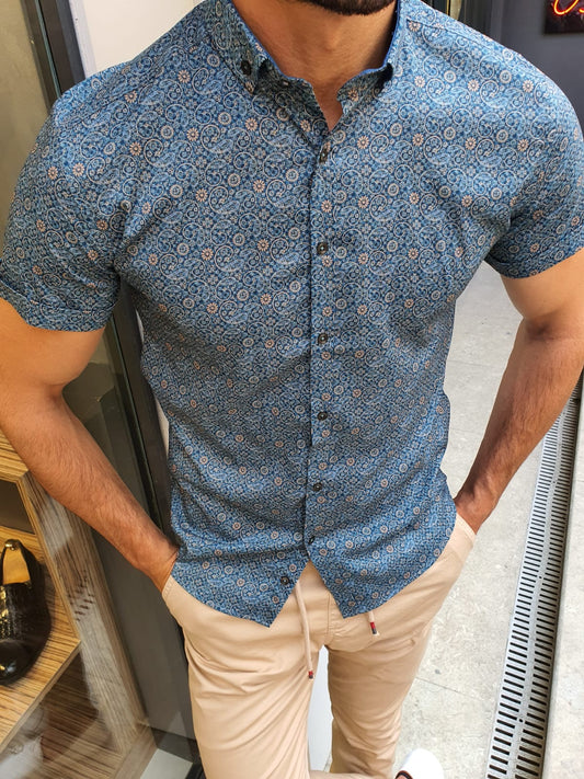 Khaki Slim Fit Short Sleeve Floral Shirt