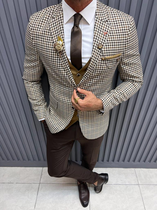 Sorento Brown Slim Fit Notch Lapel Plaid Suit