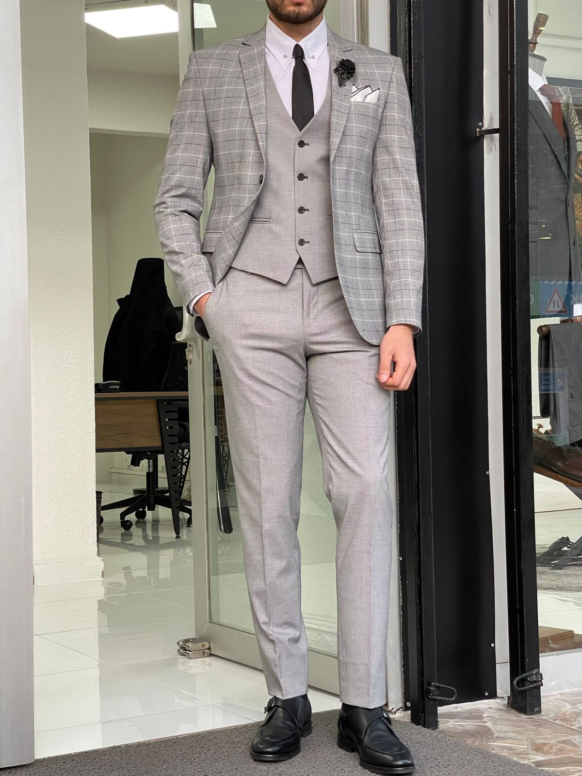 Hazel Gray Slim Fit Peak Lapel Plaid Wool Suit