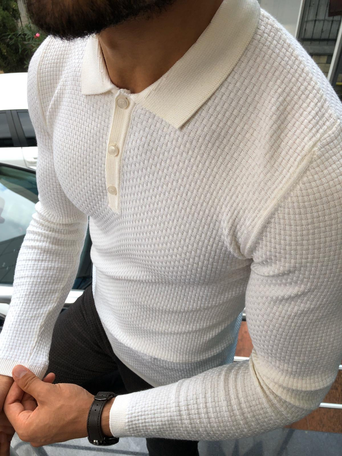 Fabros White Slim Fit Patterned Sweater