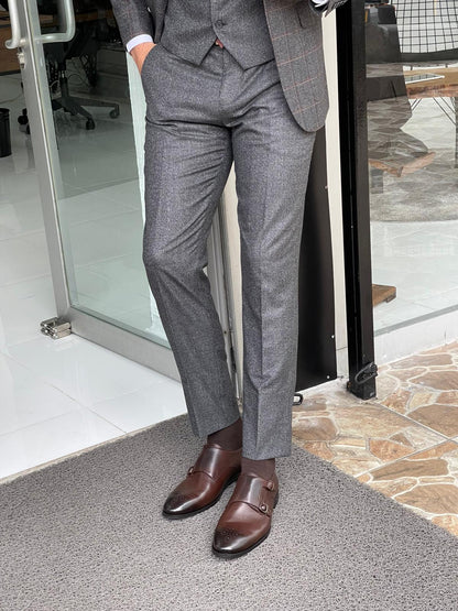Bosco Gray Slim Fit Peak Lapel Plaid Wool Suit