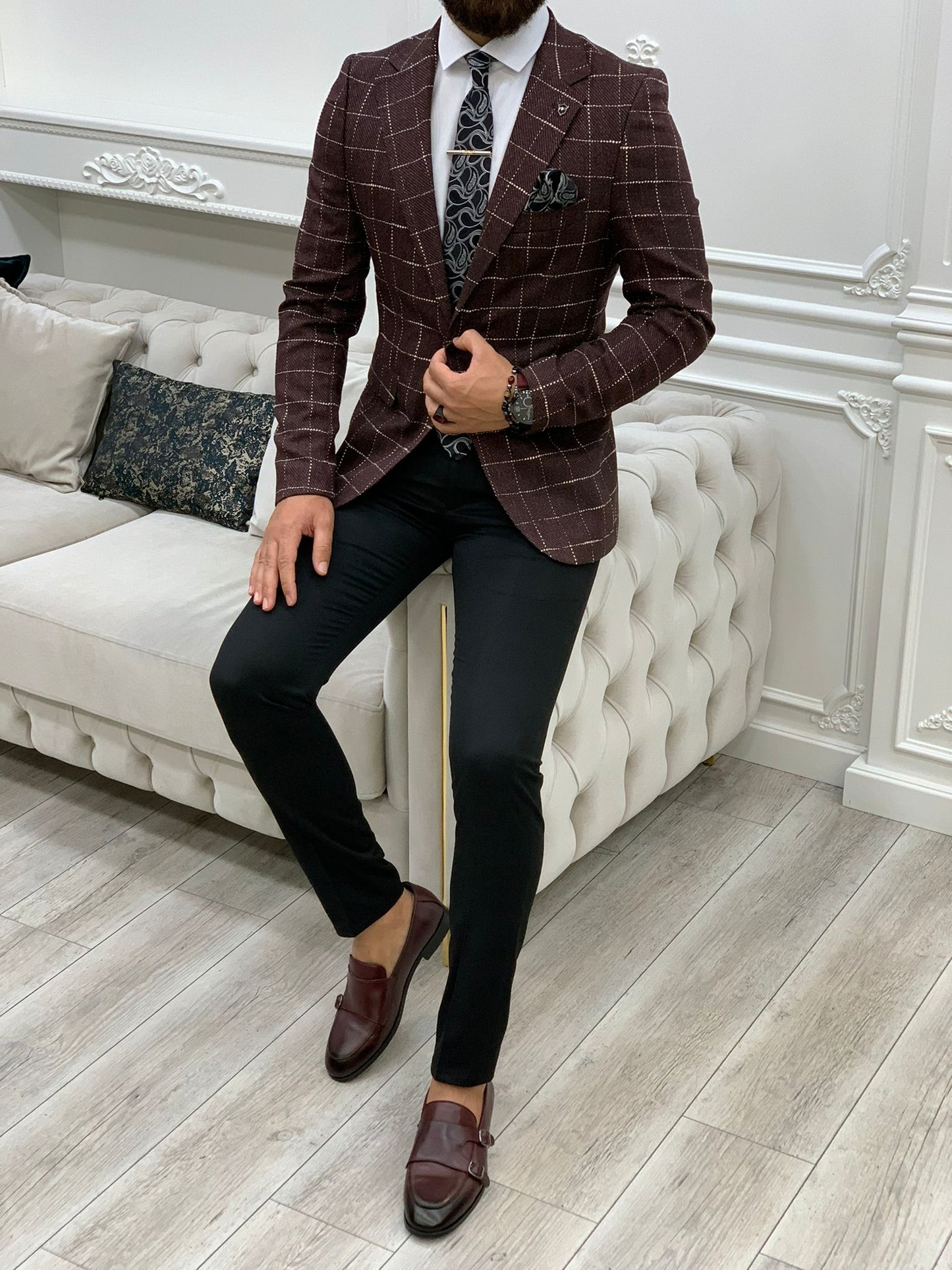 Serra Burgundy Slim Fit Plaid Blazer