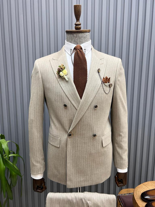 Sorento Beige Slim Fit Double Breasted Pinstripe Suit