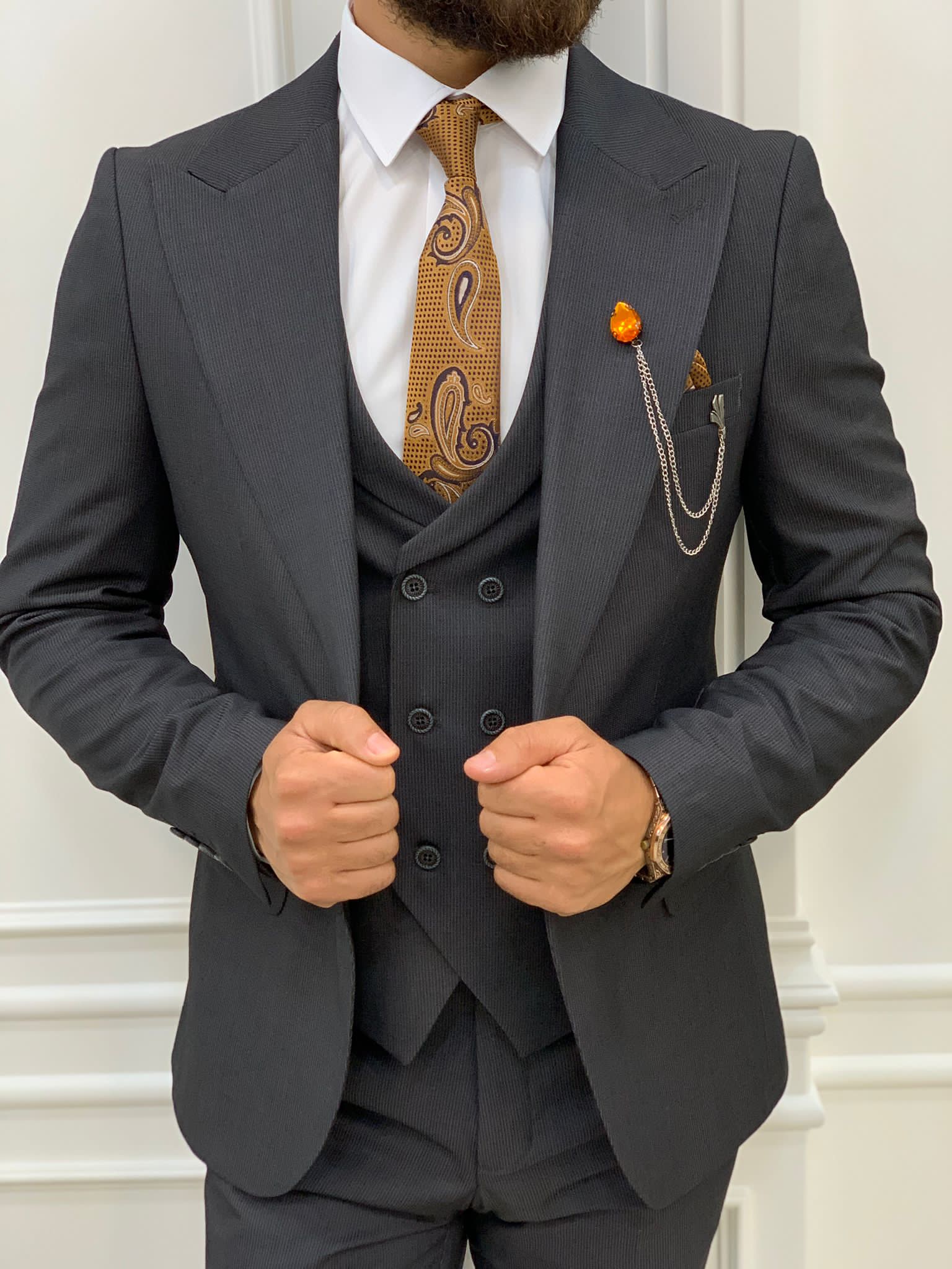 BespokeDaily Louisville Gray Slim Fit 3 Piece Peak Lapel Combination Suit