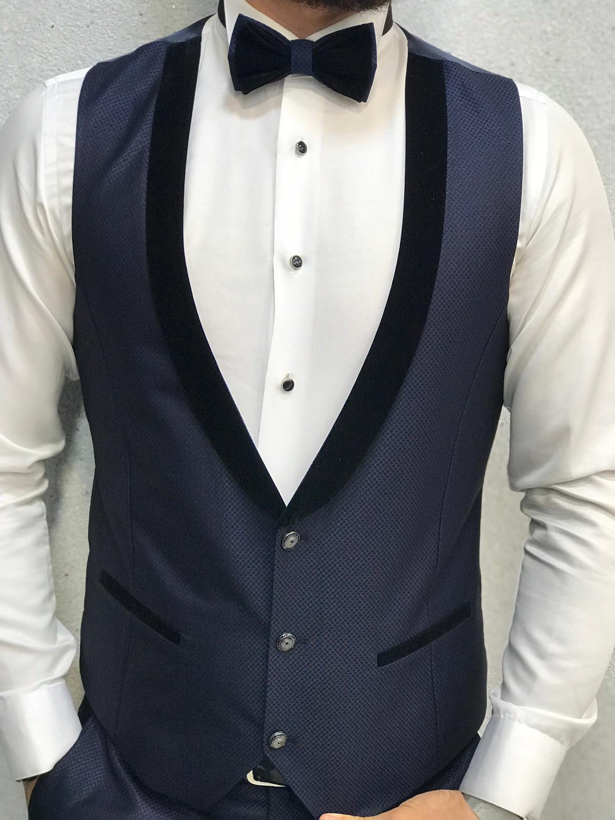 Navy blue patent leather tuxedo slip on with a bow tie – Vercini