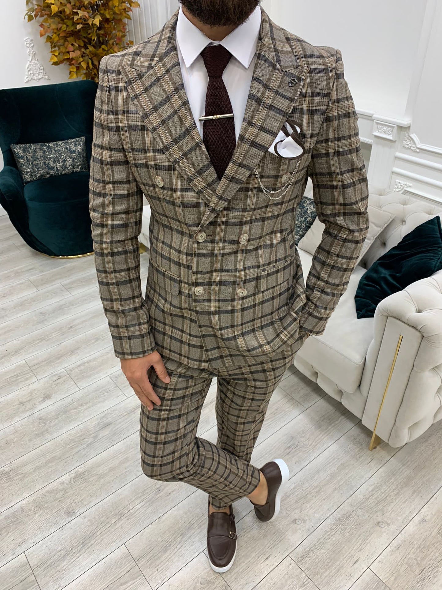 Vince Brown Slim Fit Double Breasted Plaid Suit