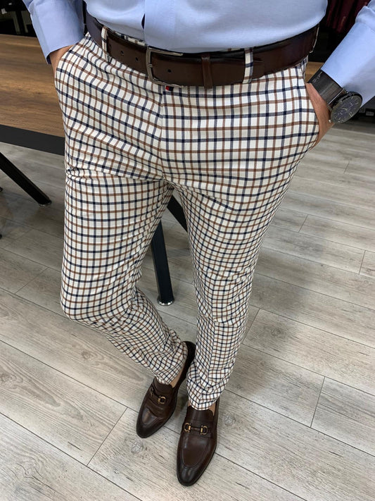 Livonia Navy Brown Plaid Slim Pants