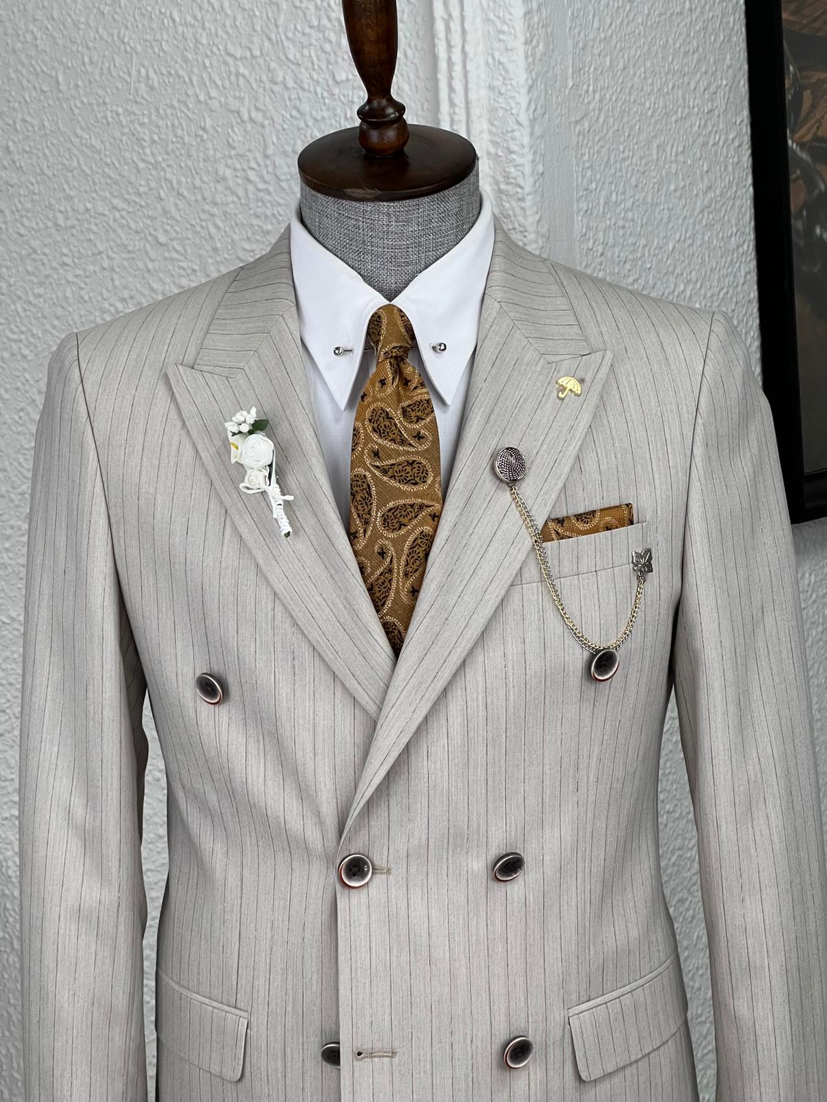 Veneta Slim Fit High Quality Striped Double Breasted Beige Woolen Suit