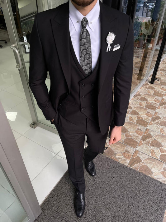 Tallin Black Slim Fit Peak Lapel Wool Suit