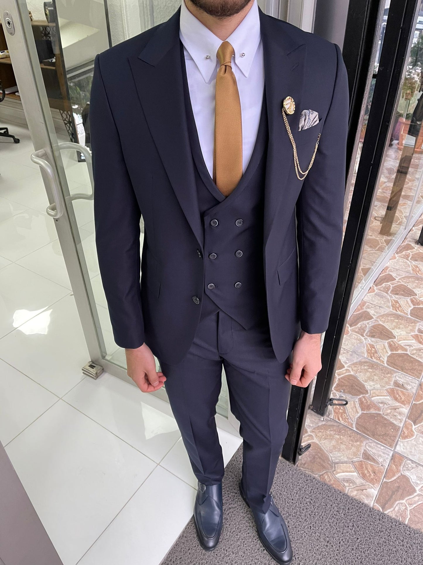 Tallin Navy Blue Slim Fit Peak Lapel Wool Suit