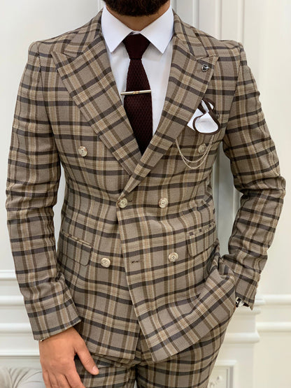 Vince Brown Slim Fit Double Breasted Plaid Suit