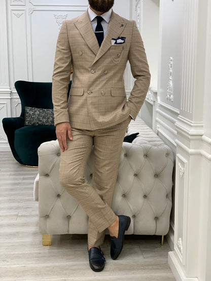 Vince Beige Slim Fit Double Breasted Striped Suit