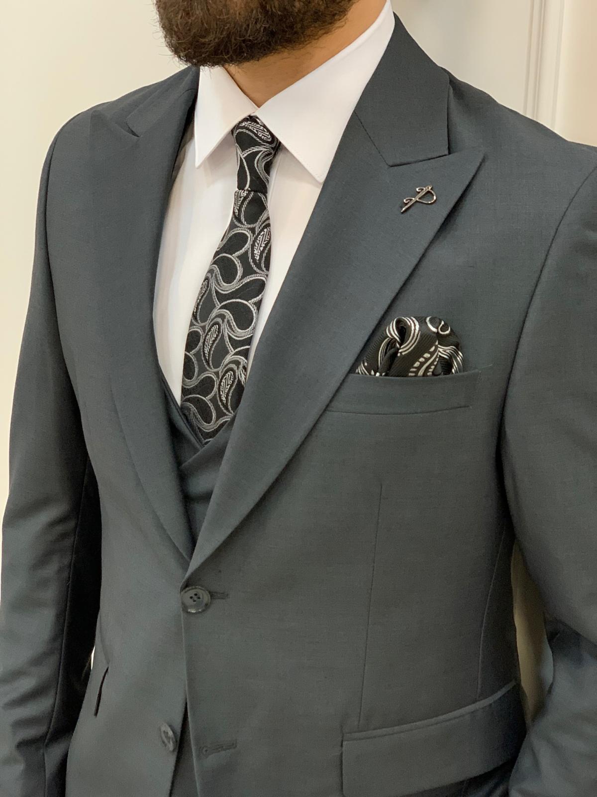 Jake Dark Gray Blue Slim Fit Peak Lapel Suit