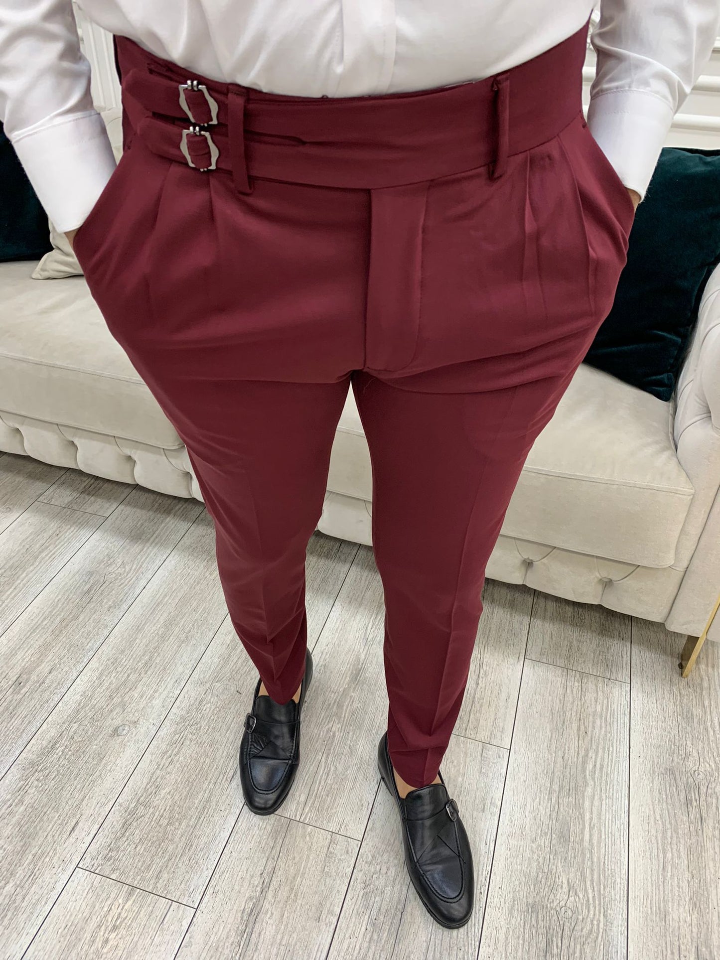 Burgundy Buckled Canvas Trousers – BRABION