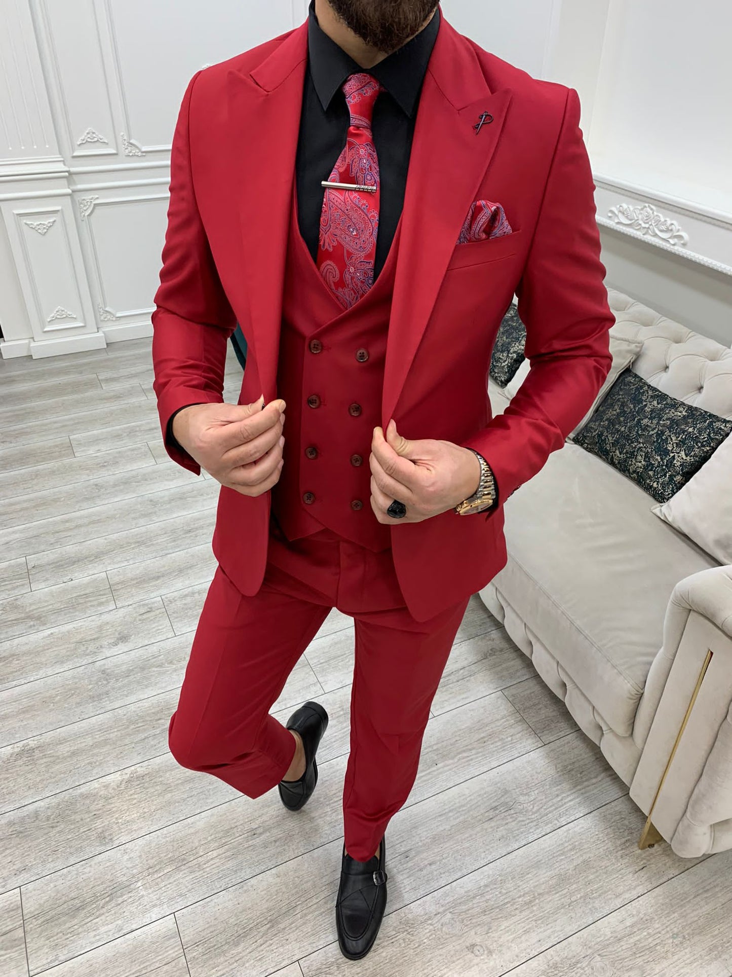 Amato Red Slim Fit Peak Lapel Suit