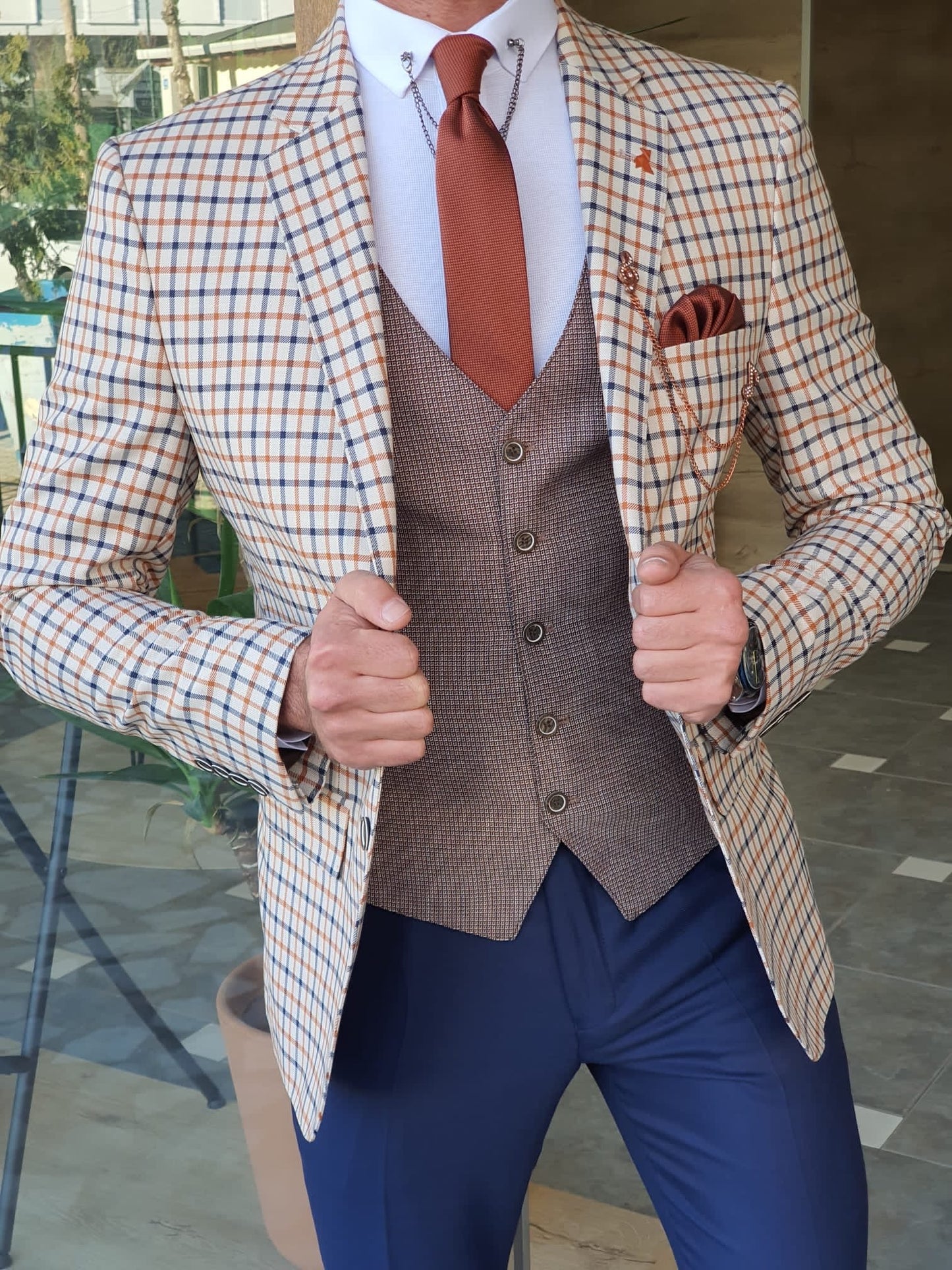 Monterey Beige Plaid Slim Fit Suit