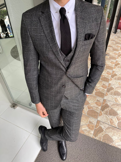 Bergen Black Slim Fit Notch Lapel Plaid Wool Suit