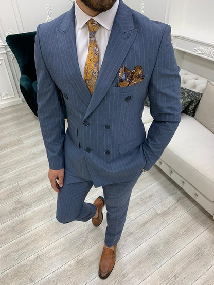 Milano Blue Slim Fit Double Breasted Pinstripe Suit