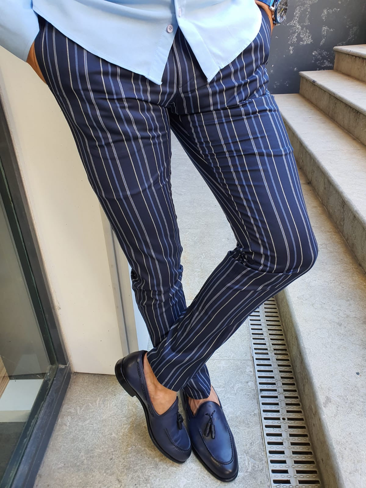 Buy Navy Blue Slim Fit Striped Pants by Gentwith.com with Free Shipping |  Navy slim pants, Mens fashion suits, Mens fashion smart