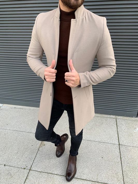 Kenzie Beige Slim Fit Wool Long Coat