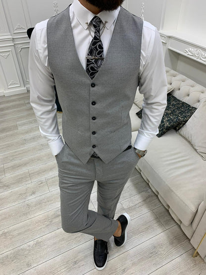 Olympia Dark Gray Slim Fit Peak Lapel Plaid Suit