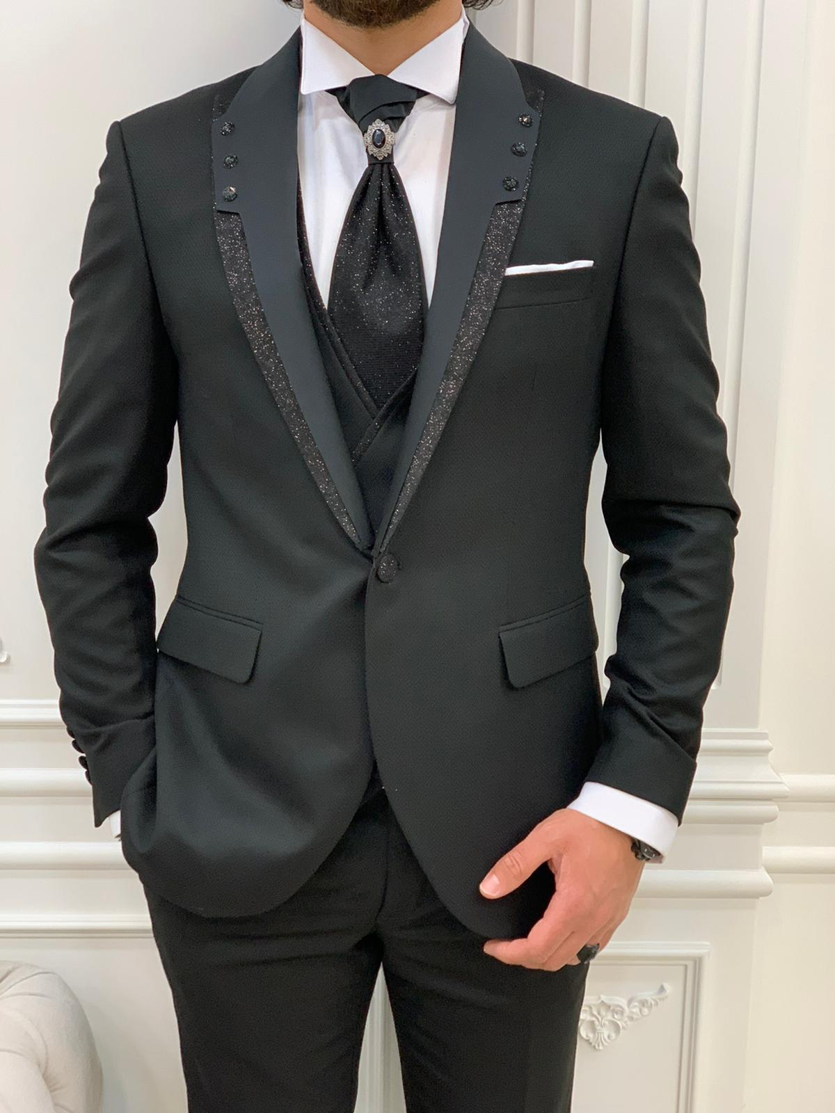 Forte Black Slim Fit Glitter Peak Lapel Wedding Suit